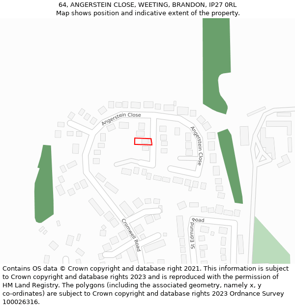 64, ANGERSTEIN CLOSE, WEETING, BRANDON, IP27 0RL: Location map and indicative extent of plot