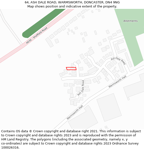 64, ASH DALE ROAD, WARMSWORTH, DONCASTER, DN4 9NG: Location map and indicative extent of plot