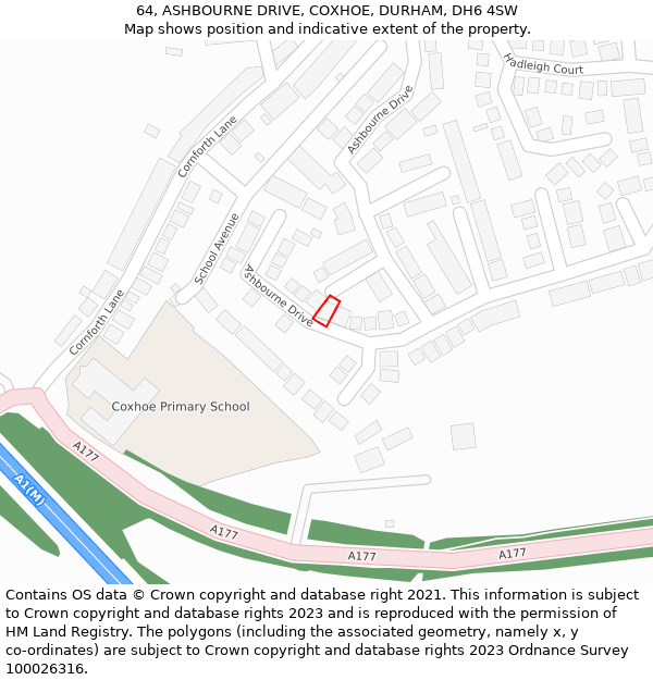 64, ASHBOURNE DRIVE, COXHOE, DURHAM, DH6 4SW: Location map and indicative extent of plot