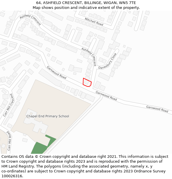 64, ASHFIELD CRESCENT, BILLINGE, WIGAN, WN5 7TE: Location map and indicative extent of plot