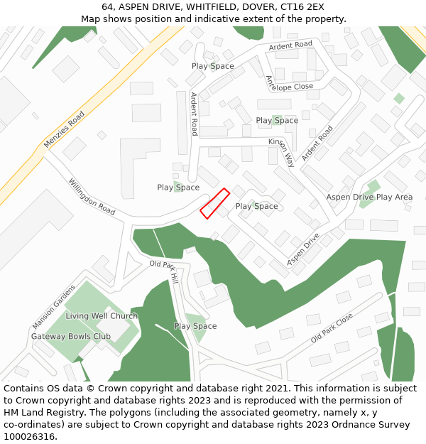 64, ASPEN DRIVE, WHITFIELD, DOVER, CT16 2EX: Location map and indicative extent of plot