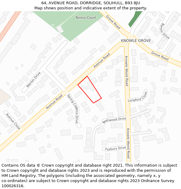 64, AVENUE ROAD, DORRIDGE, SOLIHULL, B93 8JU: Location map and indicative extent of plot