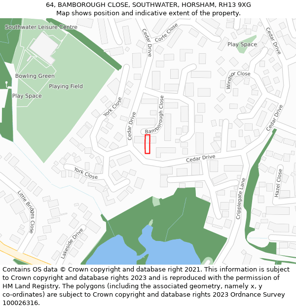 64, BAMBOROUGH CLOSE, SOUTHWATER, HORSHAM, RH13 9XG: Location map and indicative extent of plot