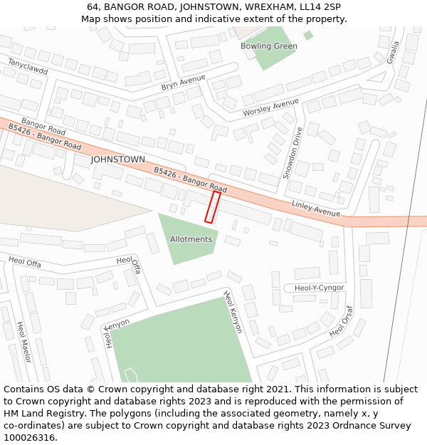 64, BANGOR ROAD, JOHNSTOWN, WREXHAM, LL14 2SP: Location map and indicative extent of plot
