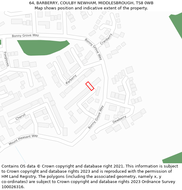 64, BARBERRY, COULBY NEWHAM, MIDDLESBROUGH, TS8 0WB: Location map and indicative extent of plot