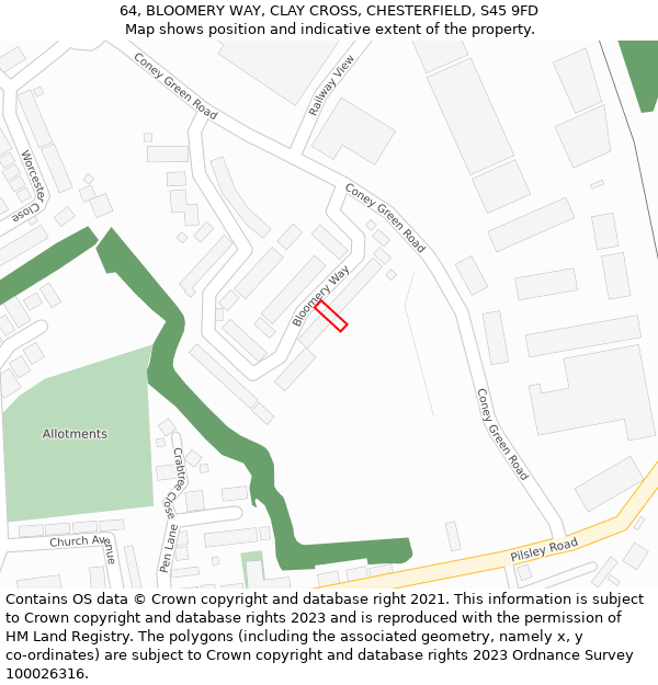 64, BLOOMERY WAY, CLAY CROSS, CHESTERFIELD, S45 9FD: Location map and indicative extent of plot