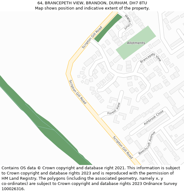 64, BRANCEPETH VIEW, BRANDON, DURHAM, DH7 8TU: Location map and indicative extent of plot