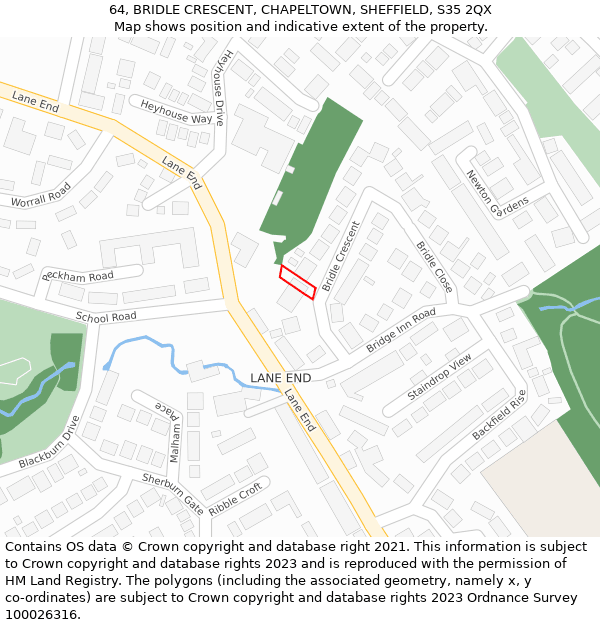 64, BRIDLE CRESCENT, CHAPELTOWN, SHEFFIELD, S35 2QX: Location map and indicative extent of plot