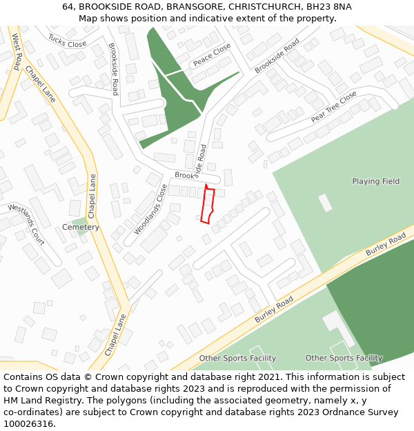 64, BROOKSIDE ROAD, BRANSGORE, CHRISTCHURCH, BH23 8NA: Location map and indicative extent of plot