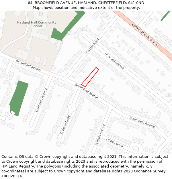 64, BROOMFIELD AVENUE, HASLAND, CHESTERFIELD, S41 0ND: Location map and indicative extent of plot