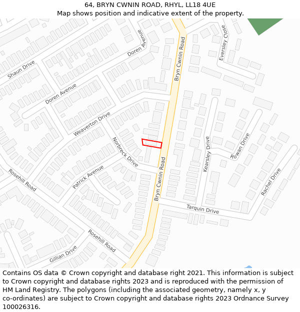 64, BRYN CWNIN ROAD, RHYL, LL18 4UE: Location map and indicative extent of plot