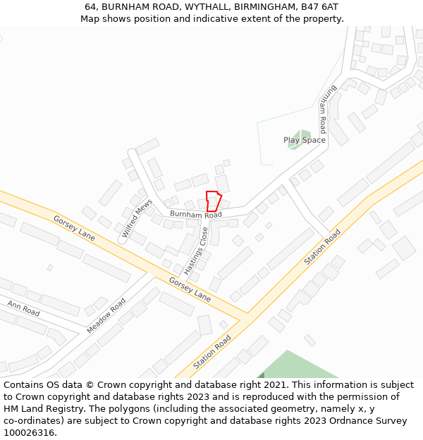 64, BURNHAM ROAD, WYTHALL, BIRMINGHAM, B47 6AT: Location map and indicative extent of plot