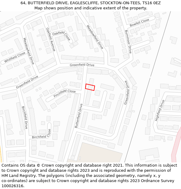 64, BUTTERFIELD DRIVE, EAGLESCLIFFE, STOCKTON-ON-TEES, TS16 0EZ: Location map and indicative extent of plot