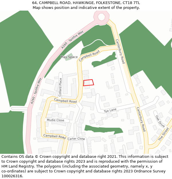 64, CAMPBELL ROAD, HAWKINGE, FOLKESTONE, CT18 7TL: Location map and indicative extent of plot