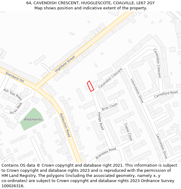 64, CAVENDISH CRESCENT, HUGGLESCOTE, COALVILLE, LE67 2GY: Location map and indicative extent of plot