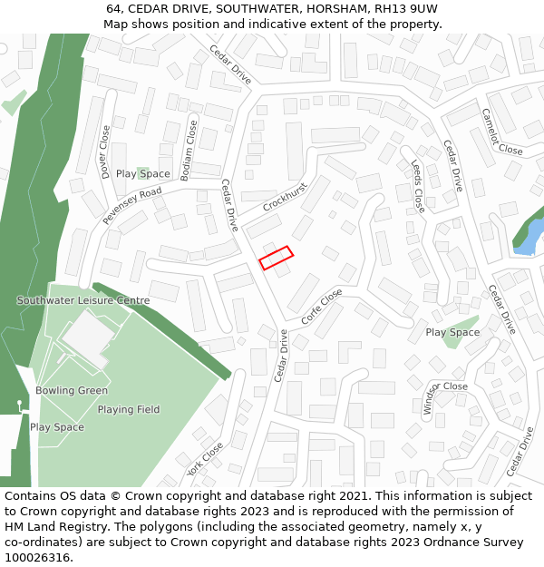 64, CEDAR DRIVE, SOUTHWATER, HORSHAM, RH13 9UW: Location map and indicative extent of plot