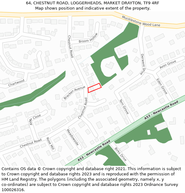 64, CHESTNUT ROAD, LOGGERHEADS, MARKET DRAYTON, TF9 4RF: Location map and indicative extent of plot