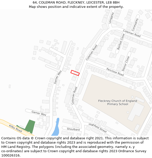 64, COLEMAN ROAD, FLECKNEY, LEICESTER, LE8 8BH: Location map and indicative extent of plot