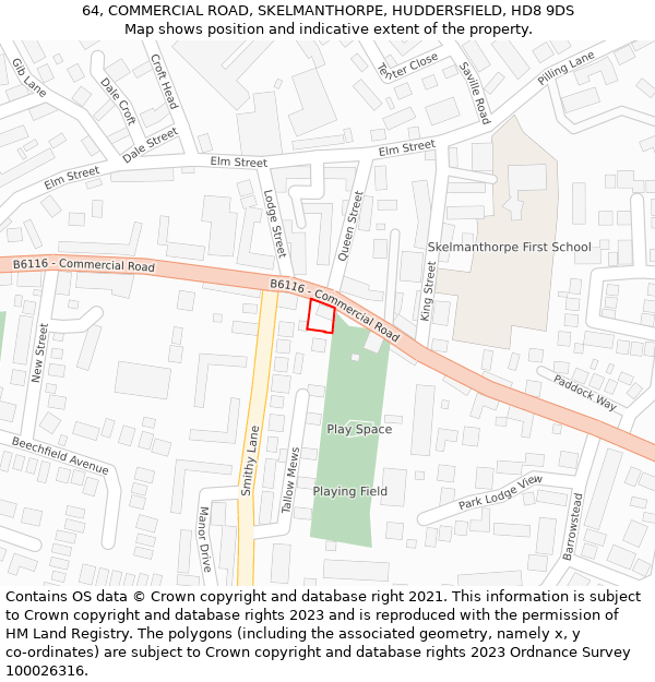 64, COMMERCIAL ROAD, SKELMANTHORPE, HUDDERSFIELD, HD8 9DS: Location map and indicative extent of plot