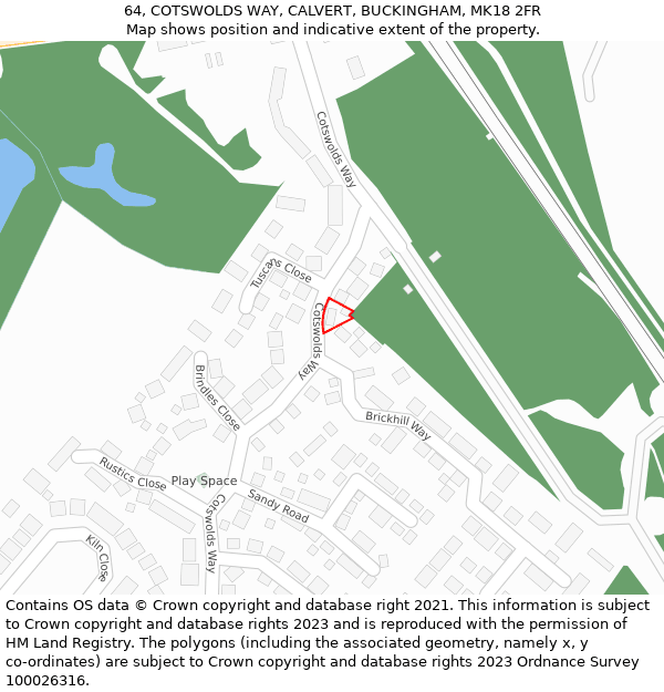 64, COTSWOLDS WAY, CALVERT, BUCKINGHAM, MK18 2FR: Location map and indicative extent of plot