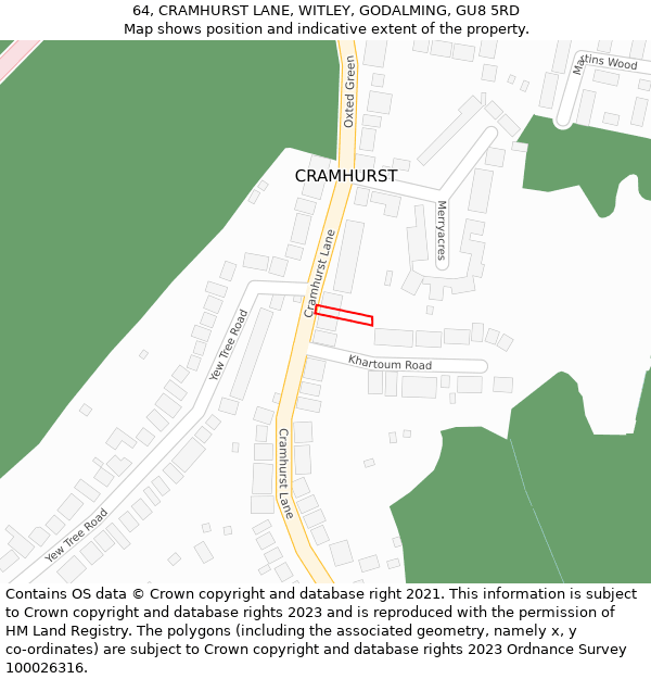 64, CRAMHURST LANE, WITLEY, GODALMING, GU8 5RD: Location map and indicative extent of plot