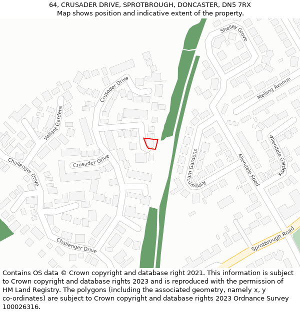 64, CRUSADER DRIVE, SPROTBROUGH, DONCASTER, DN5 7RX: Location map and indicative extent of plot