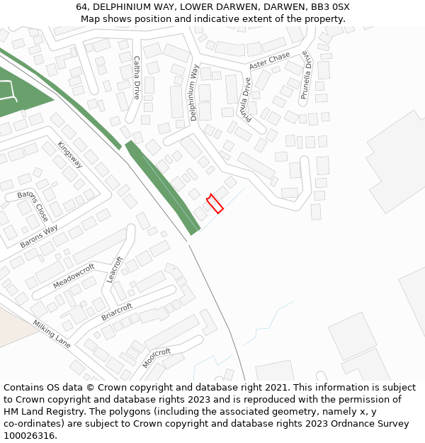 64, DELPHINIUM WAY, LOWER DARWEN, DARWEN, BB3 0SX: Location map and indicative extent of plot