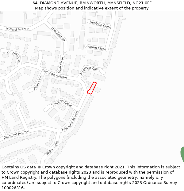 64, DIAMOND AVENUE, RAINWORTH, MANSFIELD, NG21 0FF: Location map and indicative extent of plot