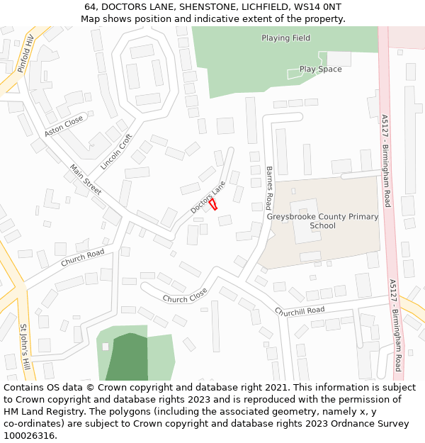 64, DOCTORS LANE, SHENSTONE, LICHFIELD, WS14 0NT: Location map and indicative extent of plot