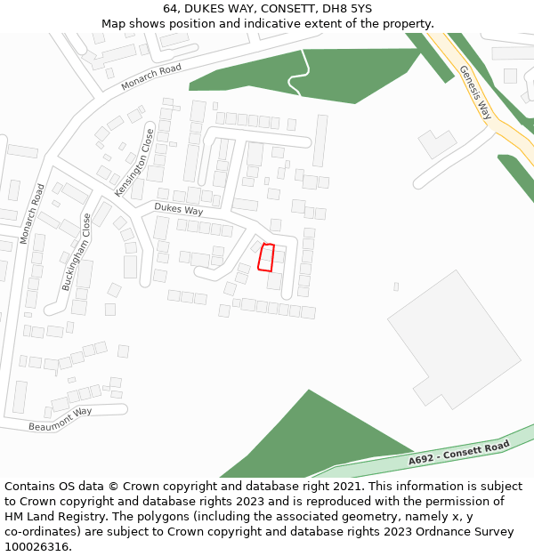 64, DUKES WAY, CONSETT, DH8 5YS: Location map and indicative extent of plot