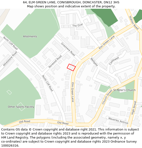 64, ELM GREEN LANE, CONISBROUGH, DONCASTER, DN12 3HS: Location map and indicative extent of plot