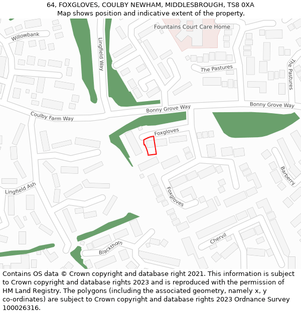 64, FOXGLOVES, COULBY NEWHAM, MIDDLESBROUGH, TS8 0XA: Location map and indicative extent of plot