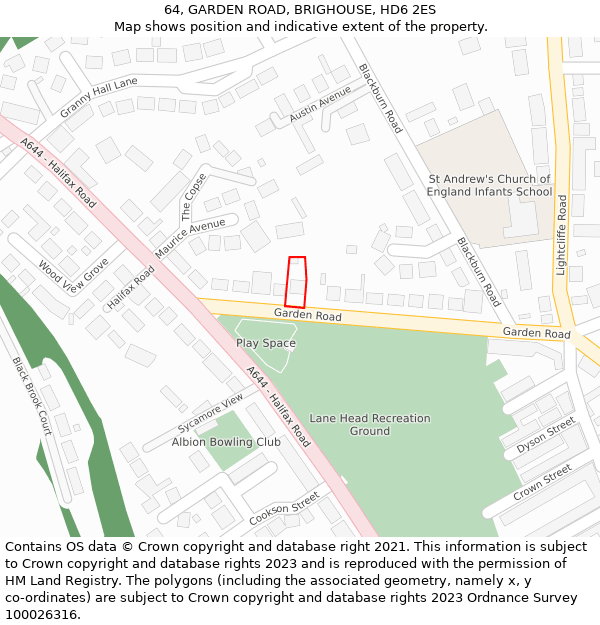 64, GARDEN ROAD, BRIGHOUSE, HD6 2ES: Location map and indicative extent of plot