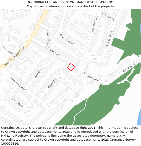 64, GIBRALTAR LANE, DENTON, MANCHESTER, M34 7GG: Location map and indicative extent of plot