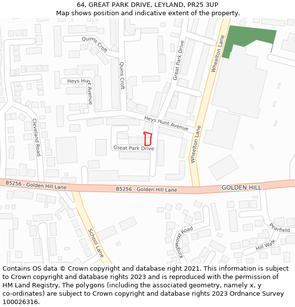 64, GREAT PARK DRIVE, LEYLAND, PR25 3UP: Location map and indicative extent of plot