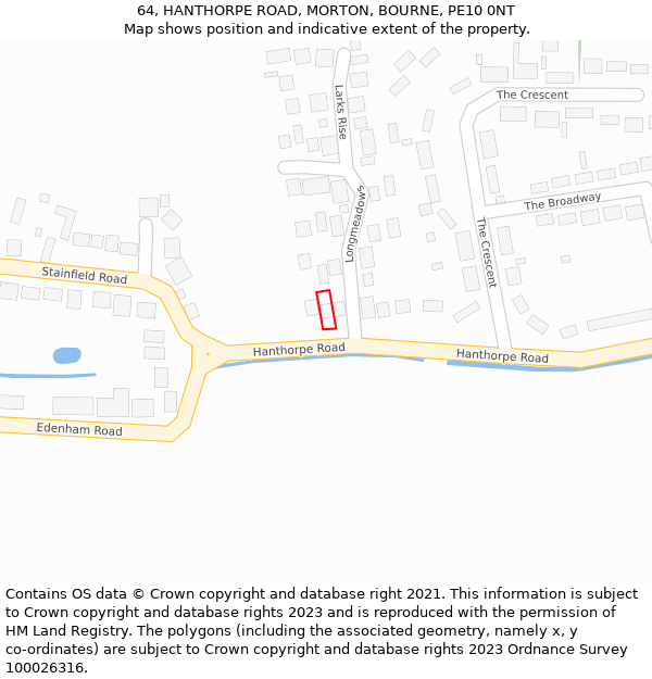 64, HANTHORPE ROAD, MORTON, BOURNE, PE10 0NT: Location map and indicative extent of plot