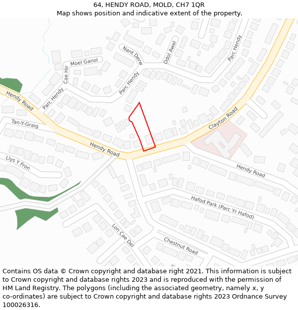 64, HENDY ROAD, MOLD, CH7 1QR: Location map and indicative extent of plot