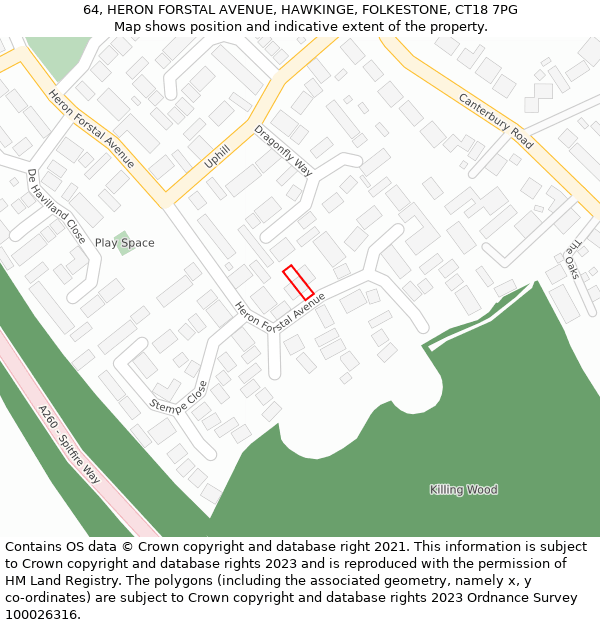 64, HERON FORSTAL AVENUE, HAWKINGE, FOLKESTONE, CT18 7PG: Location map and indicative extent of plot