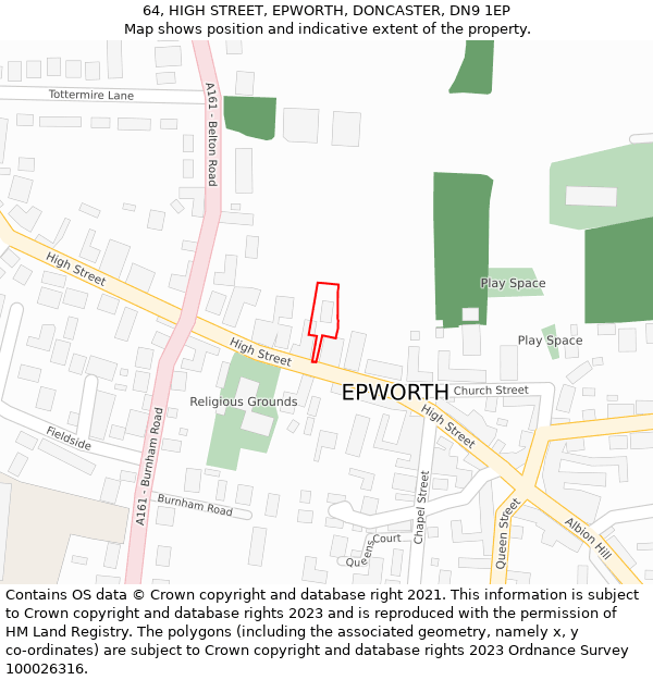 64, HIGH STREET, EPWORTH, DONCASTER, DN9 1EP: Location map and indicative extent of plot