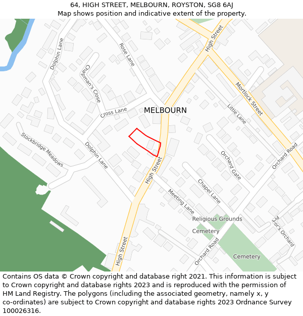 64, HIGH STREET, MELBOURN, ROYSTON, SG8 6AJ: Location map and indicative extent of plot