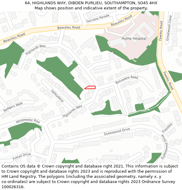 64, HIGHLANDS WAY, DIBDEN PURLIEU, SOUTHAMPTON, SO45 4HX: Location map and indicative extent of plot