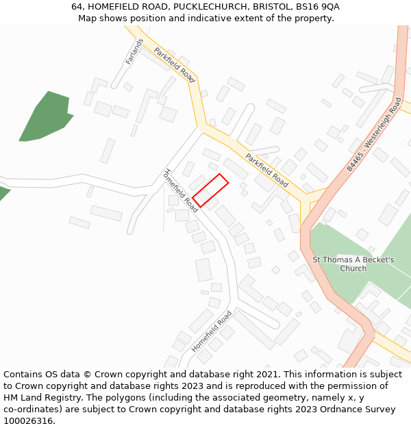 64, HOMEFIELD ROAD, PUCKLECHURCH, BRISTOL, BS16 9QA: Location map and indicative extent of plot
