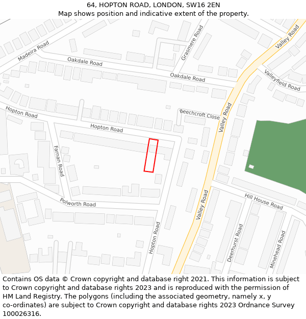 64, HOPTON ROAD, LONDON, SW16 2EN: Location map and indicative extent of plot