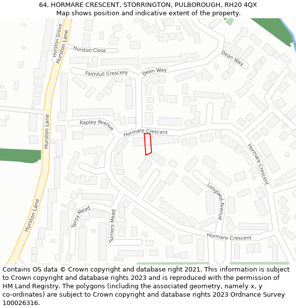 64, HORMARE CRESCENT, STORRINGTON, PULBOROUGH, RH20 4QX: Location map and indicative extent of plot