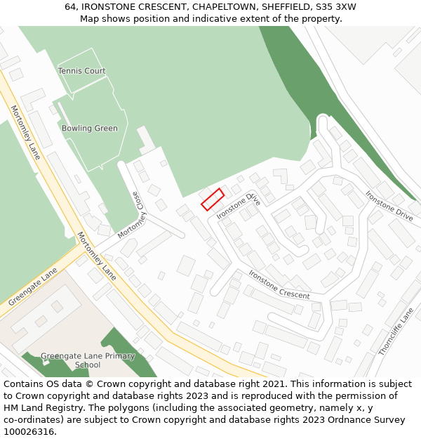 64, IRONSTONE CRESCENT, CHAPELTOWN, SHEFFIELD, S35 3XW: Location map and indicative extent of plot