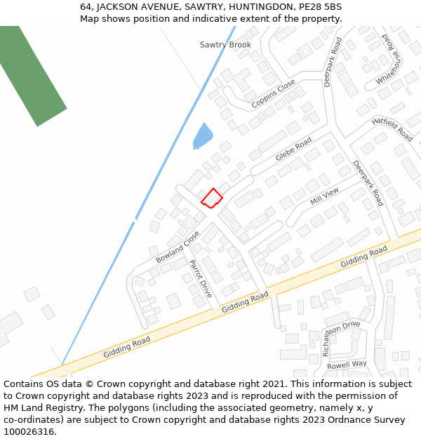 64, JACKSON AVENUE, SAWTRY, HUNTINGDON, PE28 5BS: Location map and indicative extent of plot