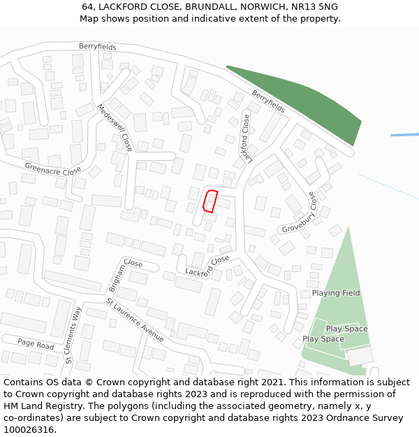 64, LACKFORD CLOSE, BRUNDALL, NORWICH, NR13 5NG: Location map and indicative extent of plot