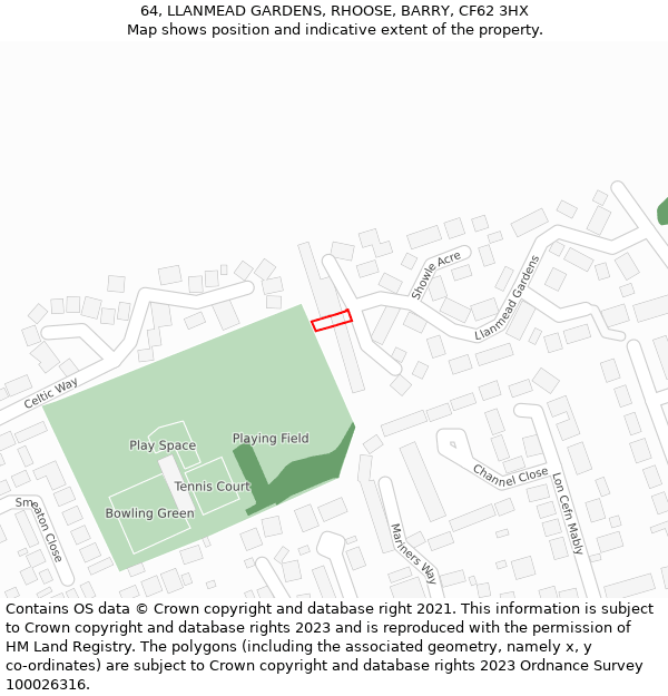 64, LLANMEAD GARDENS, RHOOSE, BARRY, CF62 3HX: Location map and indicative extent of plot