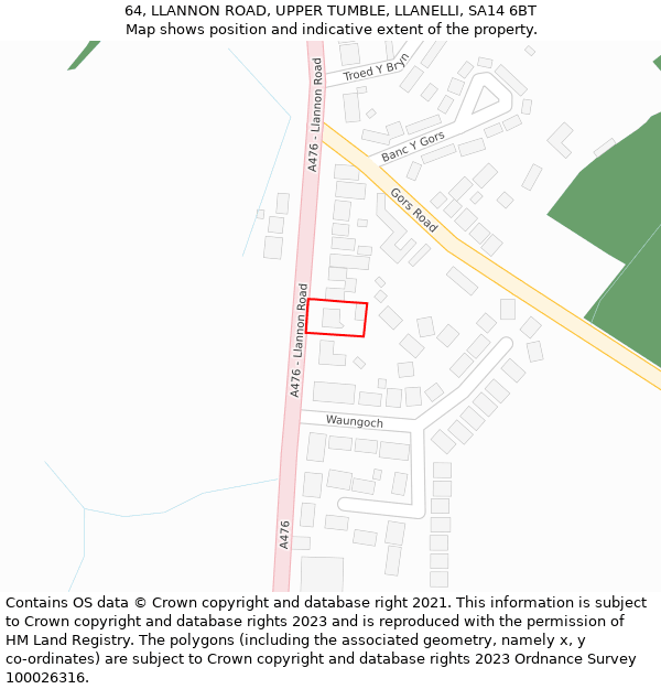 64, LLANNON ROAD, UPPER TUMBLE, LLANELLI, SA14 6BT: Location map and indicative extent of plot