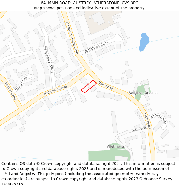 64, MAIN ROAD, AUSTREY, ATHERSTONE, CV9 3EG: Location map and indicative extent of plot